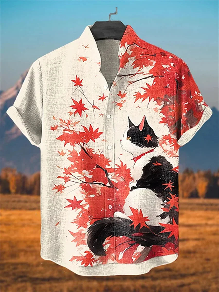 Chemise Hawaïenne Chat Homme — Imprimé Amusant, Col Montant, Style Décontracté