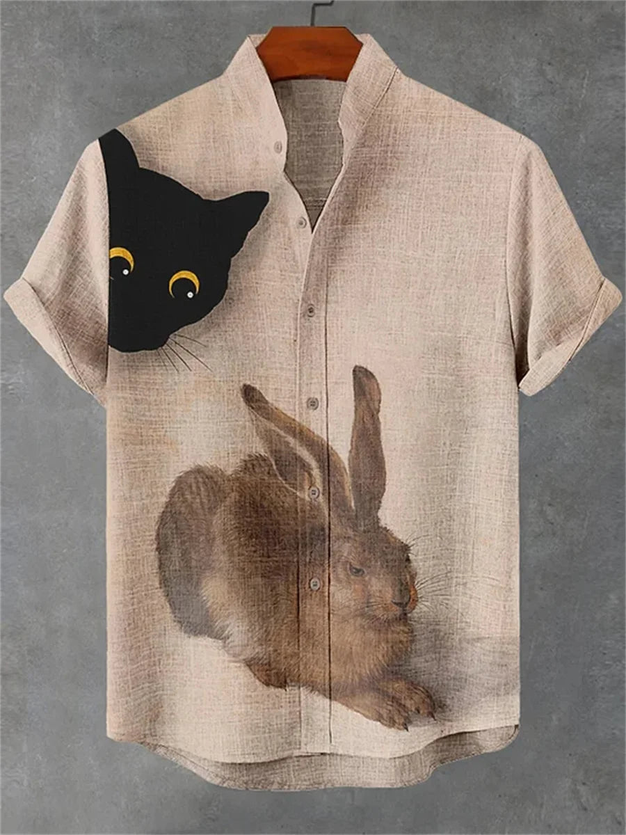 Chemise Hawaïenne Chat Homme — Imprimé Amusant, Col Montant, Style Décontracté