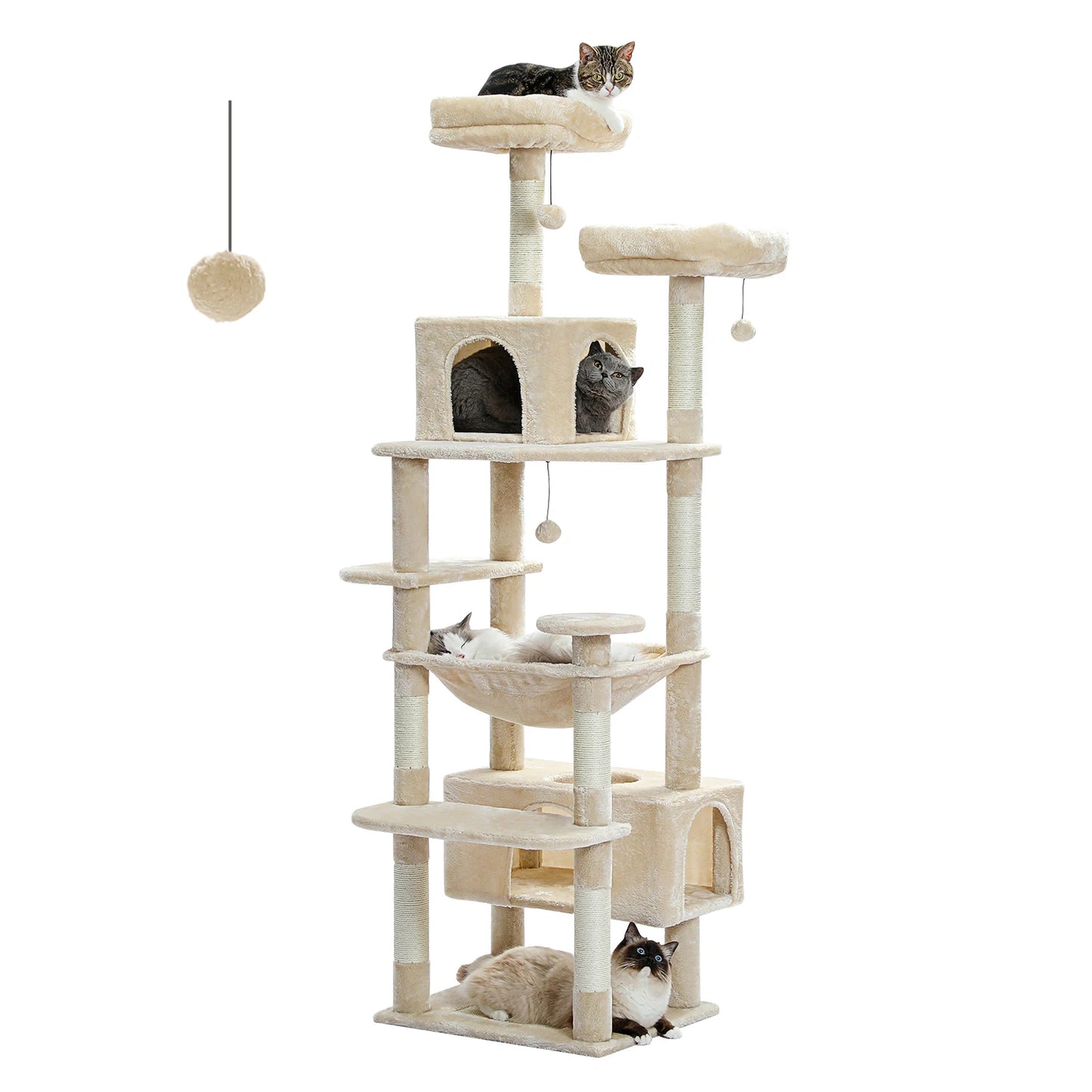 Chat jouant sur grand arbre à chat 180cm - mobilier félin premium Cat Luna couleur beige