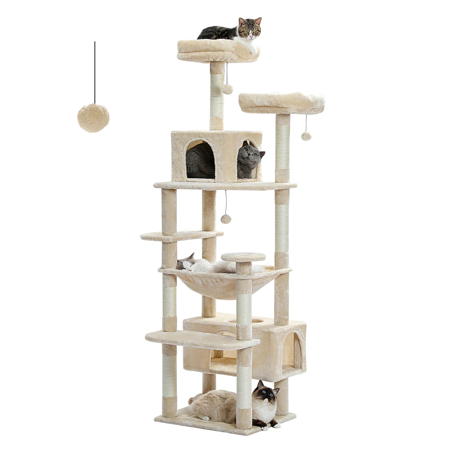 Chat jouant sur grand arbre à chat 180cm - mobilier félin premium Cat Luna couleur beige