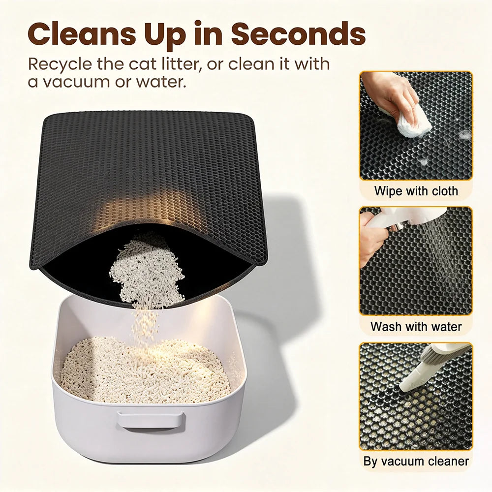 Tapis de litière chat double couche noir, surface alvéolée, lavable