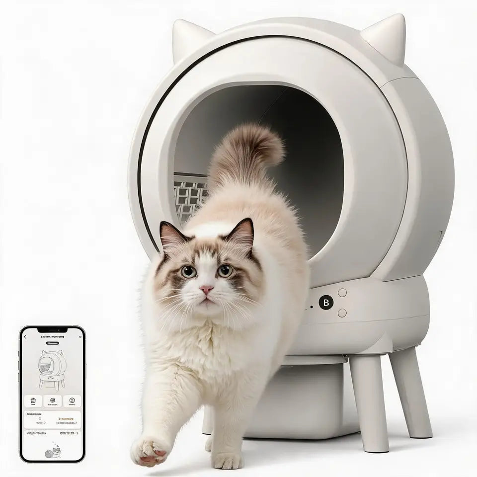 Litière autonettoyante connectée HiMISS blanche avec entrée circulaire et patte de chat