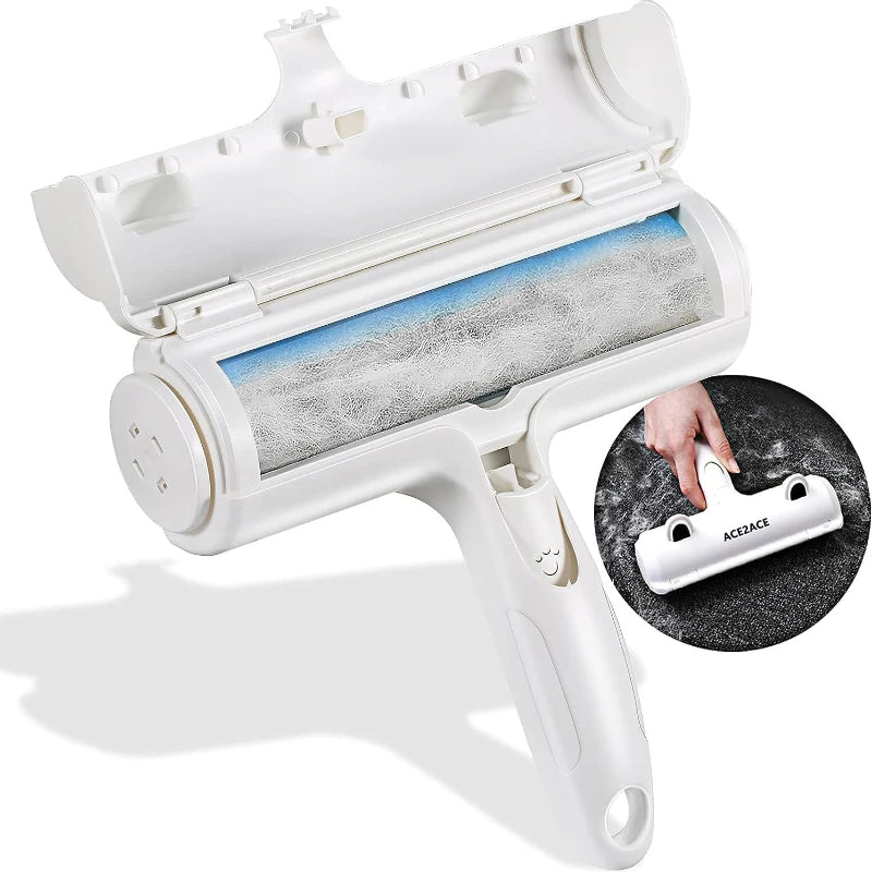 Brosse anti-poils blanche avec tambour intérieur bleu et poignée