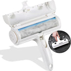 Brosse anti-poils blanche avec tambour intérieur bleu et poignée