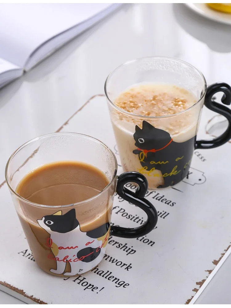 Mug en verre borosilicate transparent avec anse en forme de queue de chat en 3 D