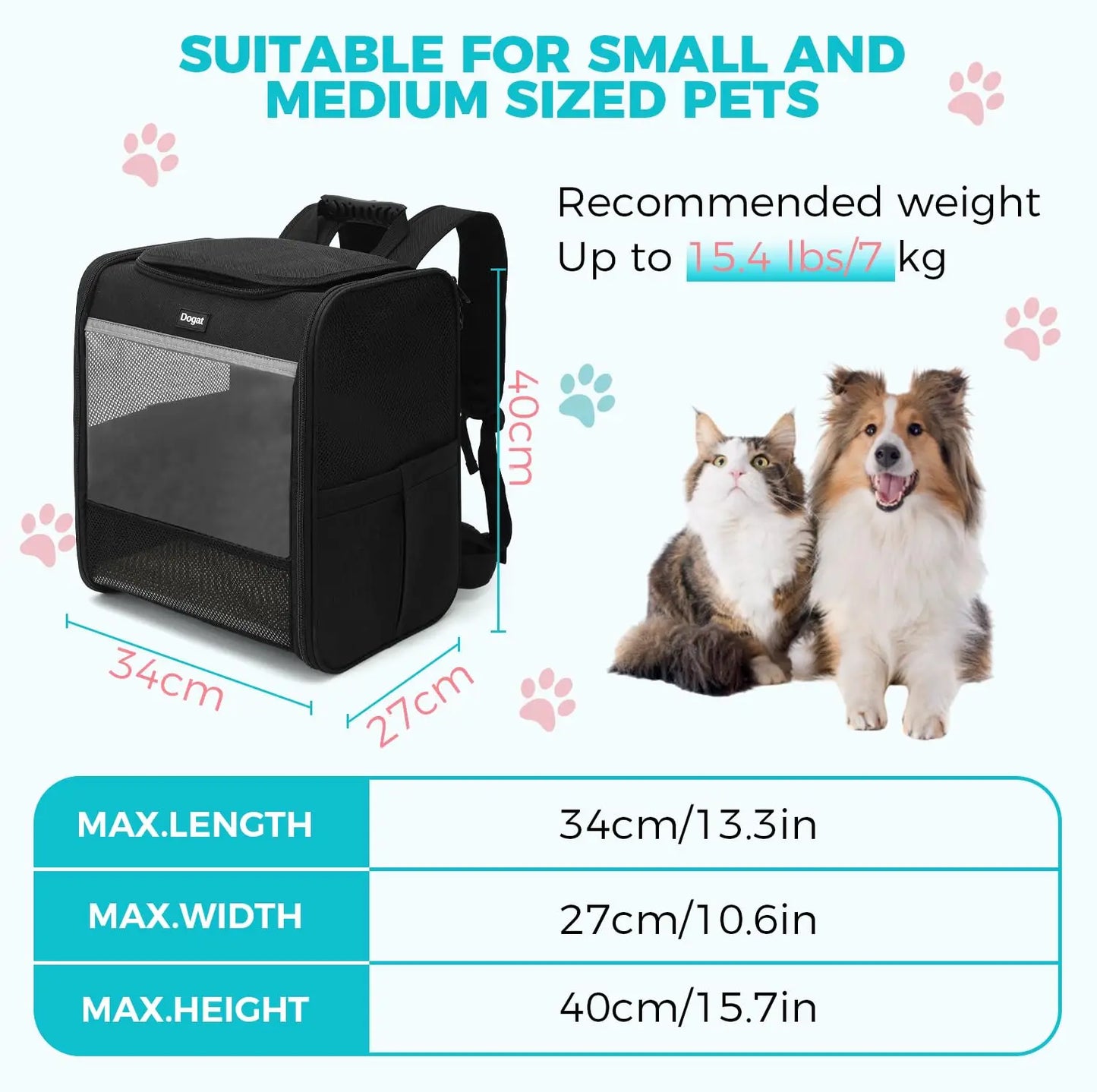 Sac à Dos de Transport Chat & Chien – Respirant, Pliable, jusqu'à 10 kg (34×27×40 cm)