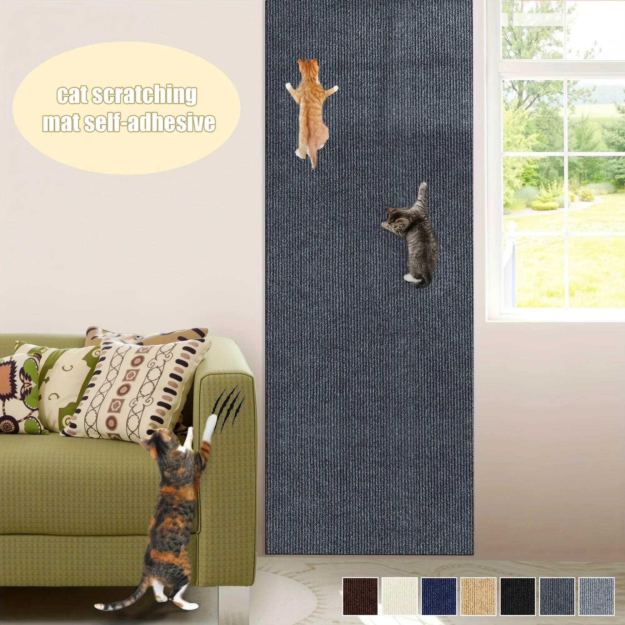 Tapis griffoir autocollant pour chat, bleu-gris foncé, grand format mural