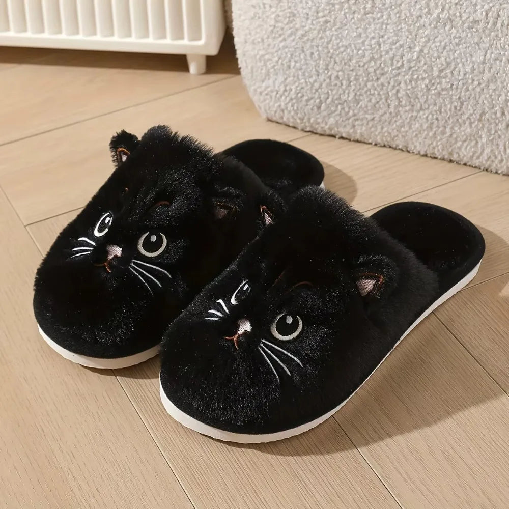 Chaussons Chat Peluche Femme - Pantoufles d'Hiver Chaudes Antidérapantes
