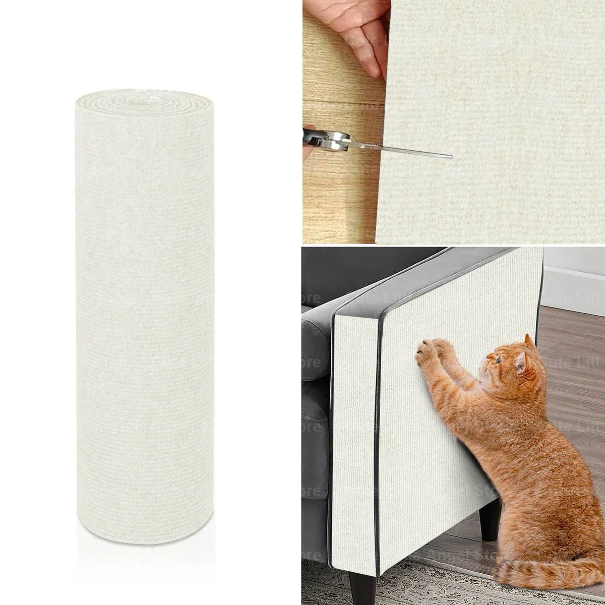 Tapis griffoir adhésif en sisal blanc crème, rouleau cylindrique et chat qui gratte.