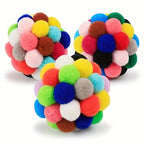 Lot de 3 balles en peluche à pompons multicolores pour chat d’intérieur
