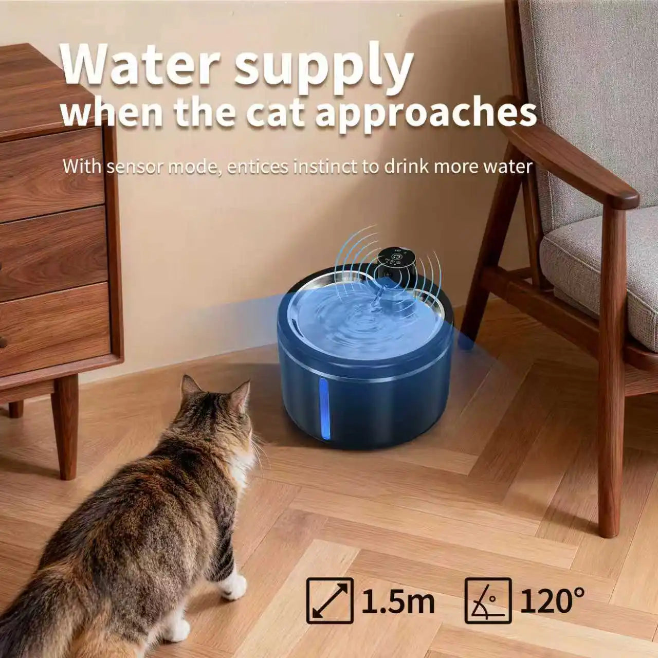 Fontaine à eau pour chat noire avec eau en surface et témoin bleu, base ronde compacte