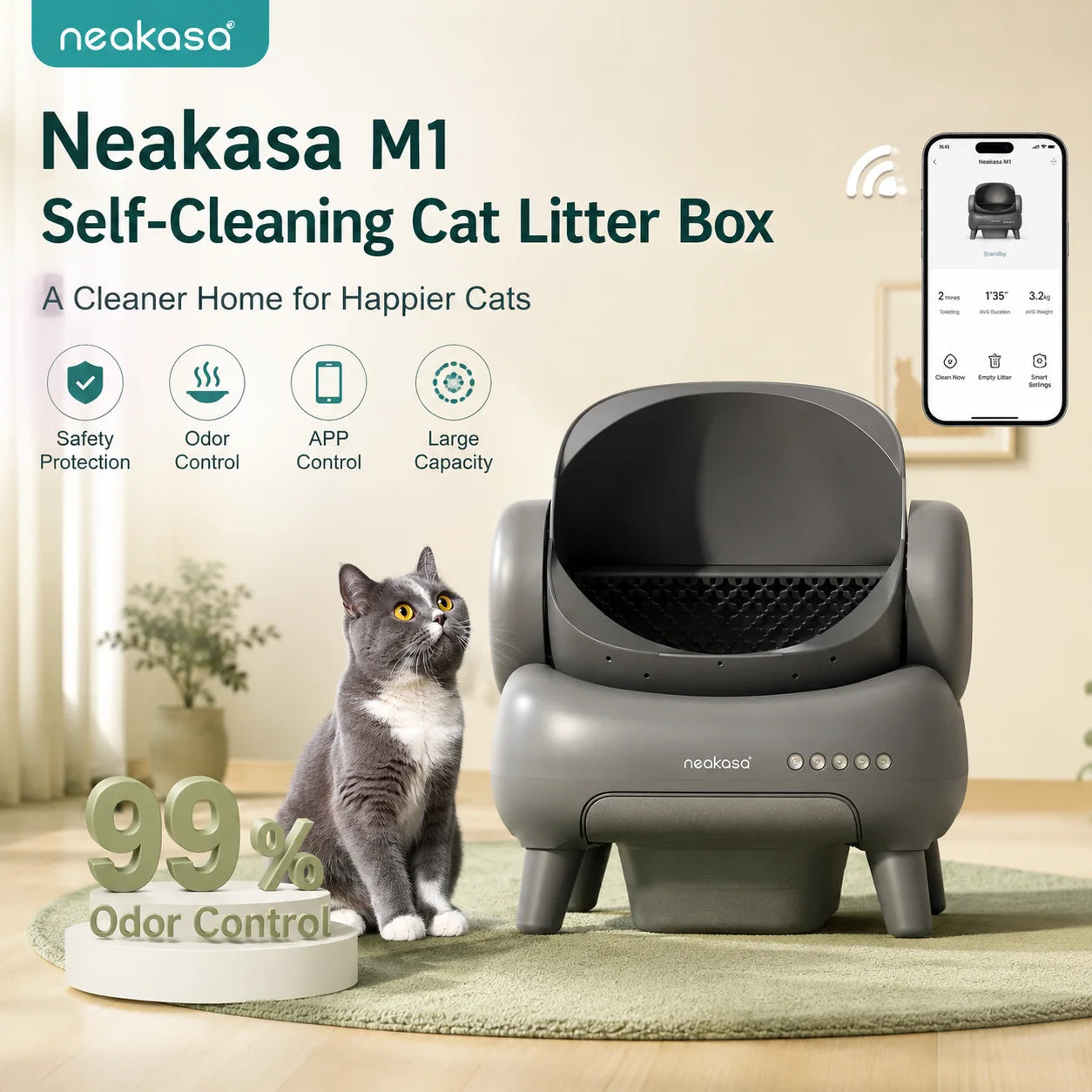 Litière Automatique Autonettoyante Neakasa M1 — Open-Top, Contrôle App, Ultra-Silencieuse