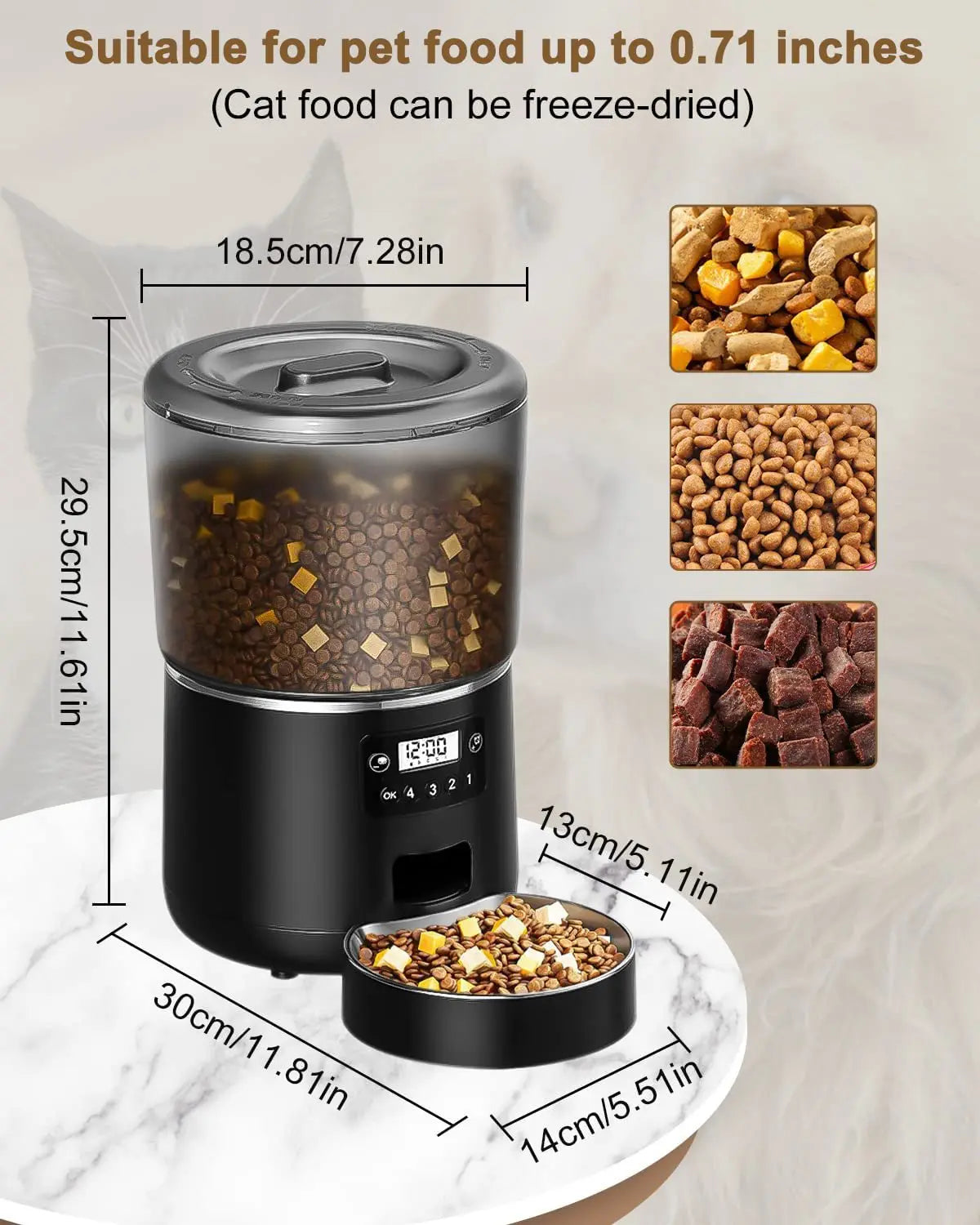Distributeur automatique de croquettes 4 L compact, dimensions sur le conteneur