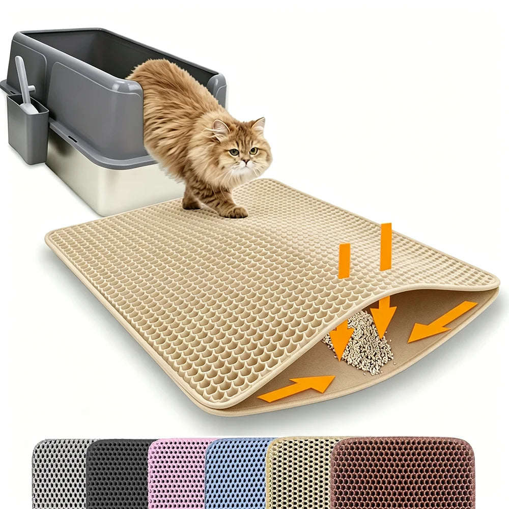 Tapis de litière chat double couche beige, surface alvéolée, réduit l’éparpillement