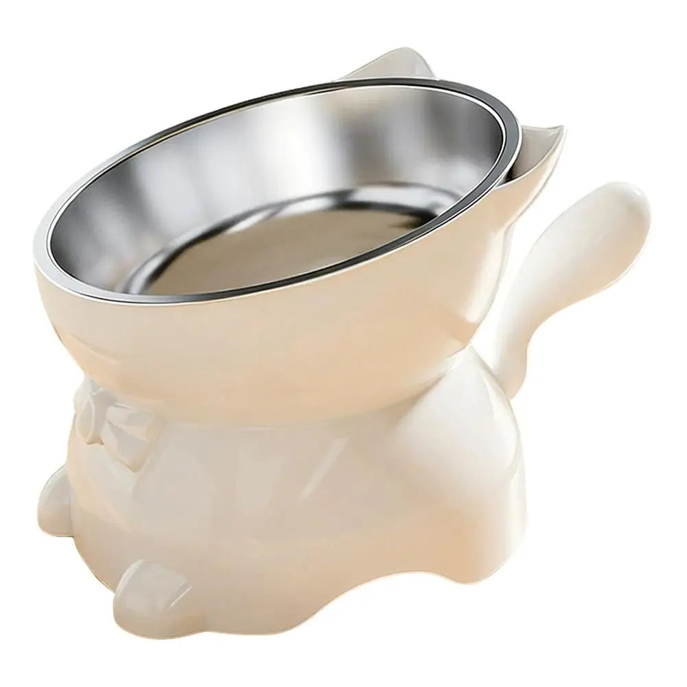Gamelle pour chat inclinée beige avec bol inox, poignées latérales et base stable.