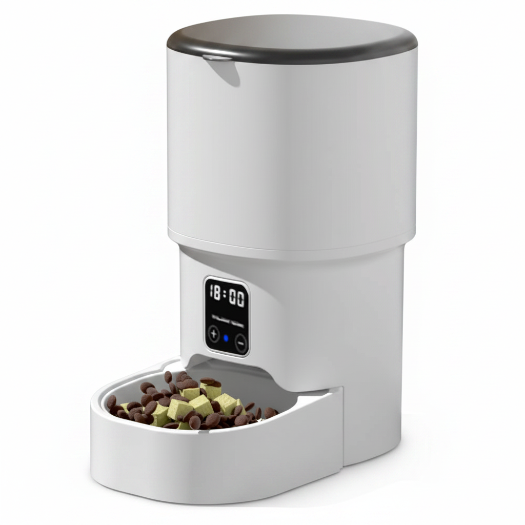 Distributeur automatique de croquettes blanc 4 L, trémie et écran sur façade