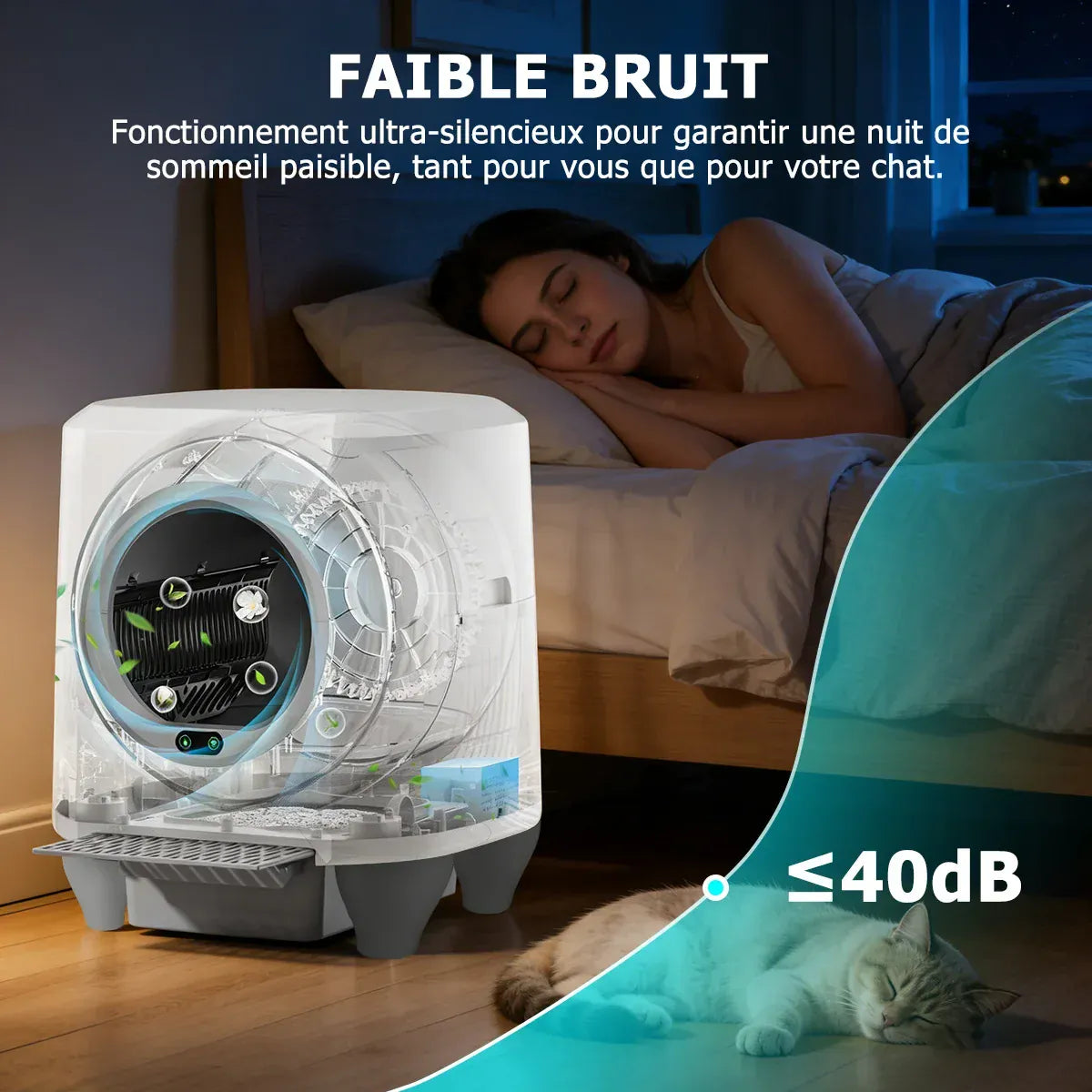 Bac à litière autonettoyant blanc près d’un lit, usage silencieux annoncé.