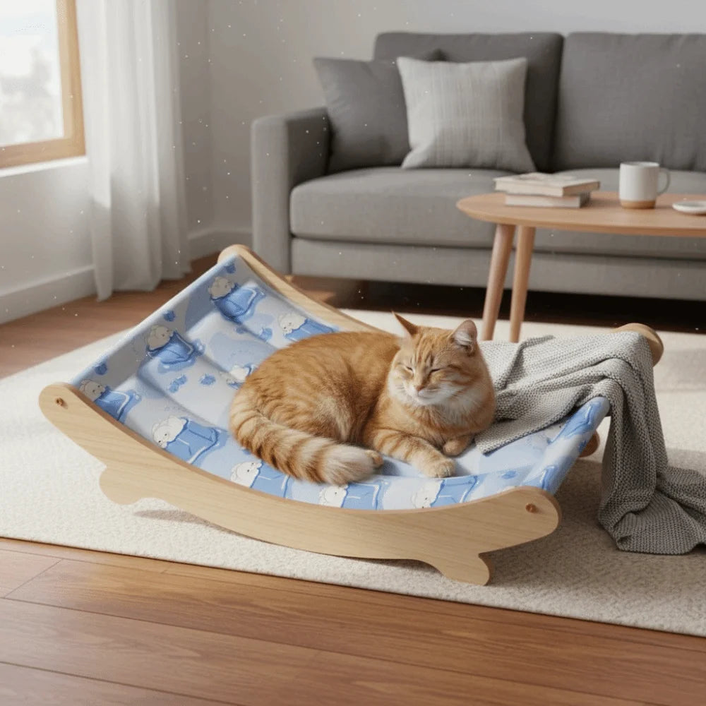 Transat rafraîchissant pour chat, structure en bois et housse bleue à motifs, chat roux allongé