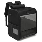Sac à dos de transport noir avec fenêtre en maille et panneaux latéraux transparents.