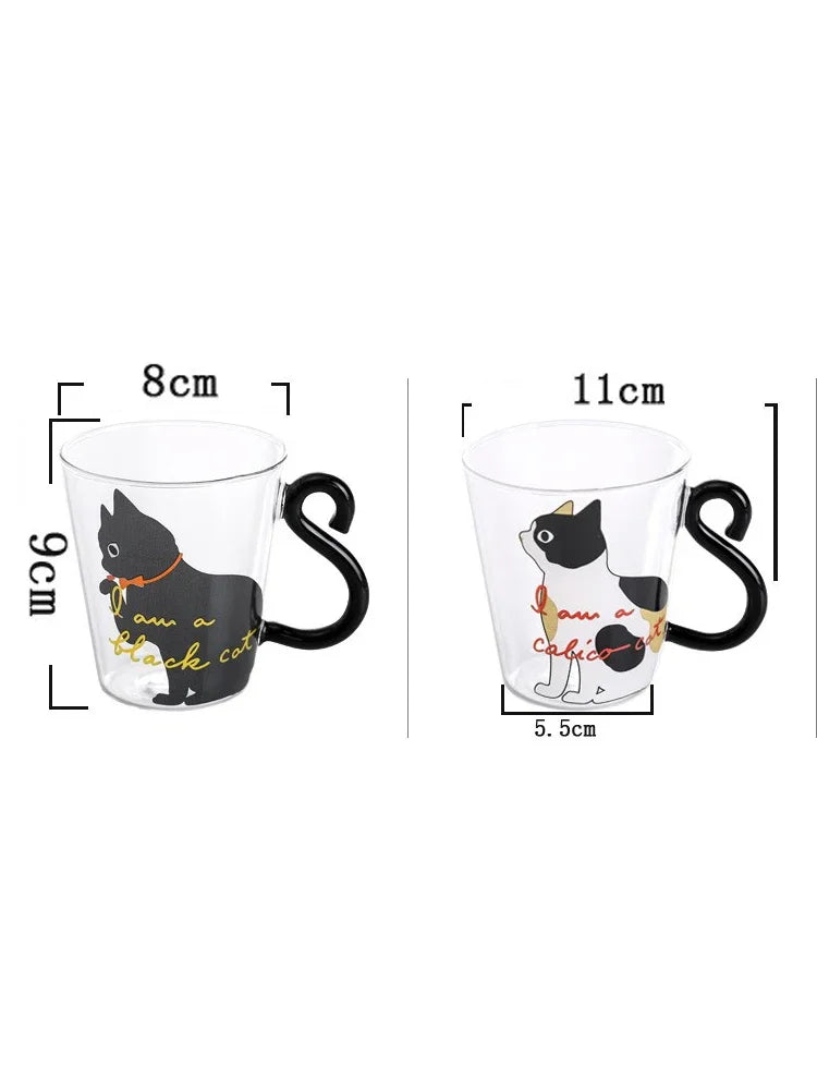 Mug en verre borosilicate transparent avec anse en forme de queue de chat avec détail de taille 