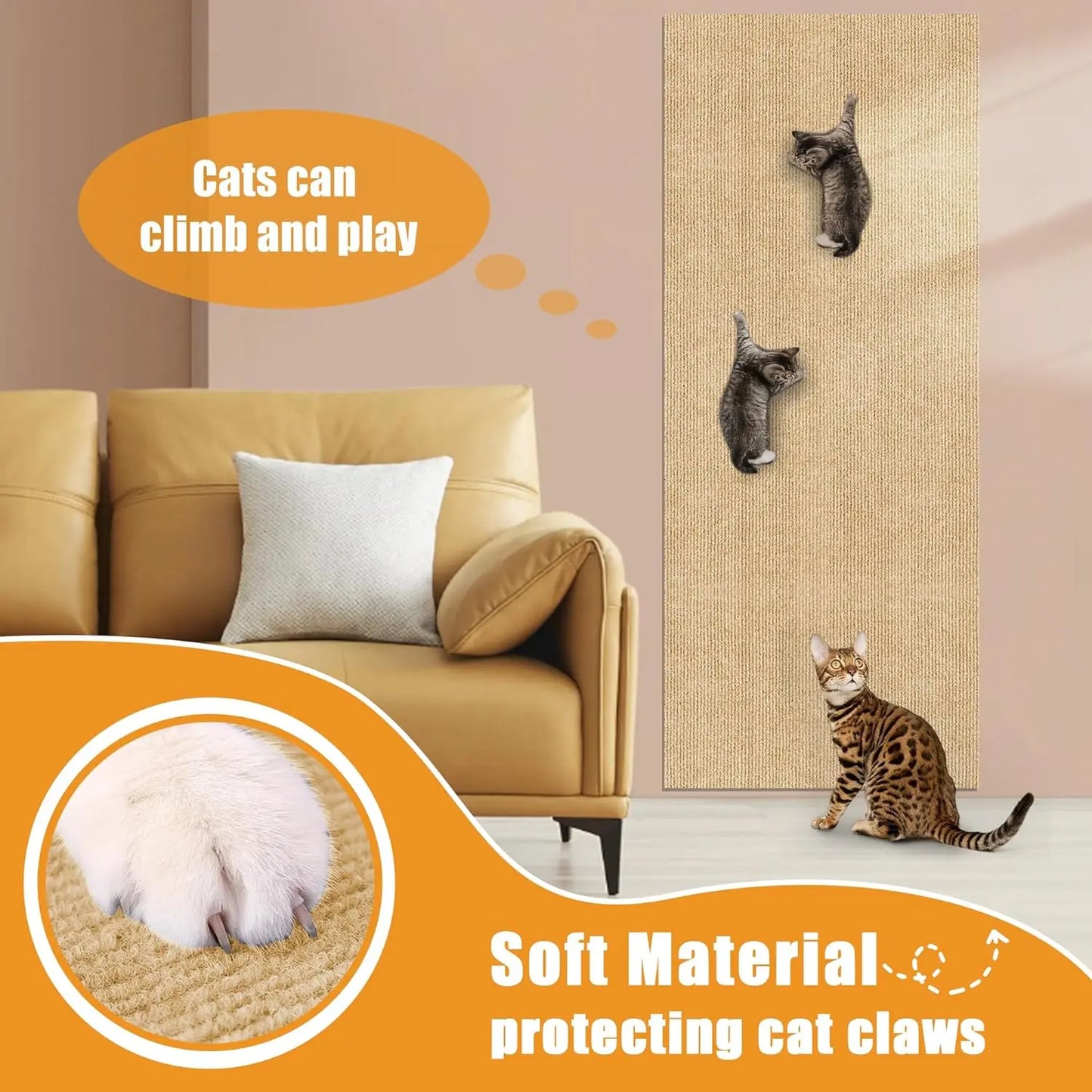 Tapis anti-griffes autocollant beige clair, grand panneau vertical pour chat