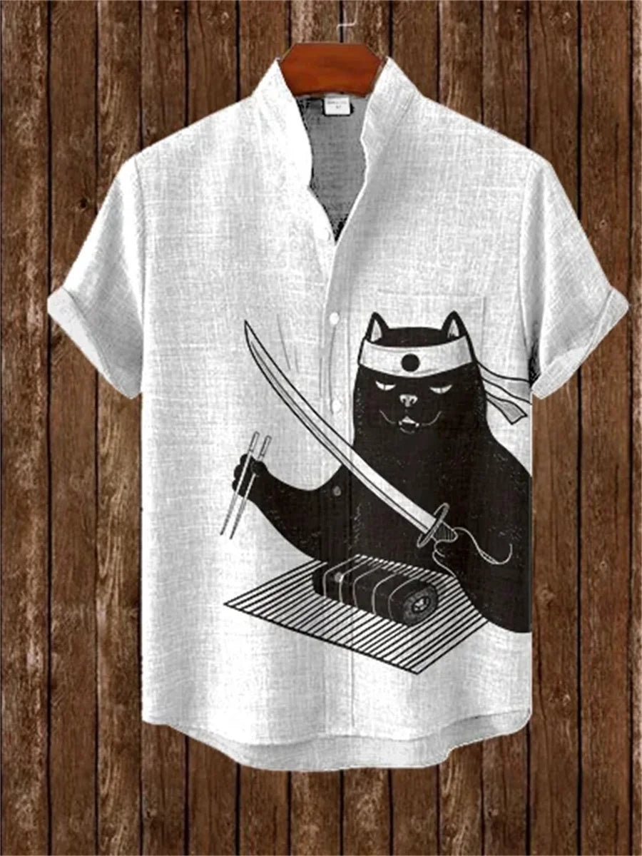 Chemise Hawaïenne Chat Homme — Imprimé Amusant, Col Montant, Style Décontracté