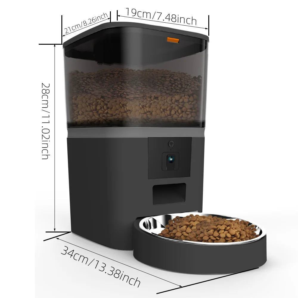 Distributeur automatique de croquettes 4L noir, vue de face avec écran caméra et bol inférieur.