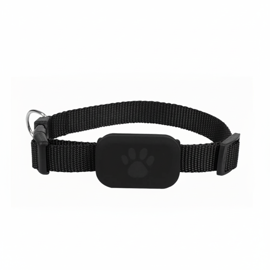 Collier de suivi GPS noir avec module rectangulaire et icône patte sur sangle réglable