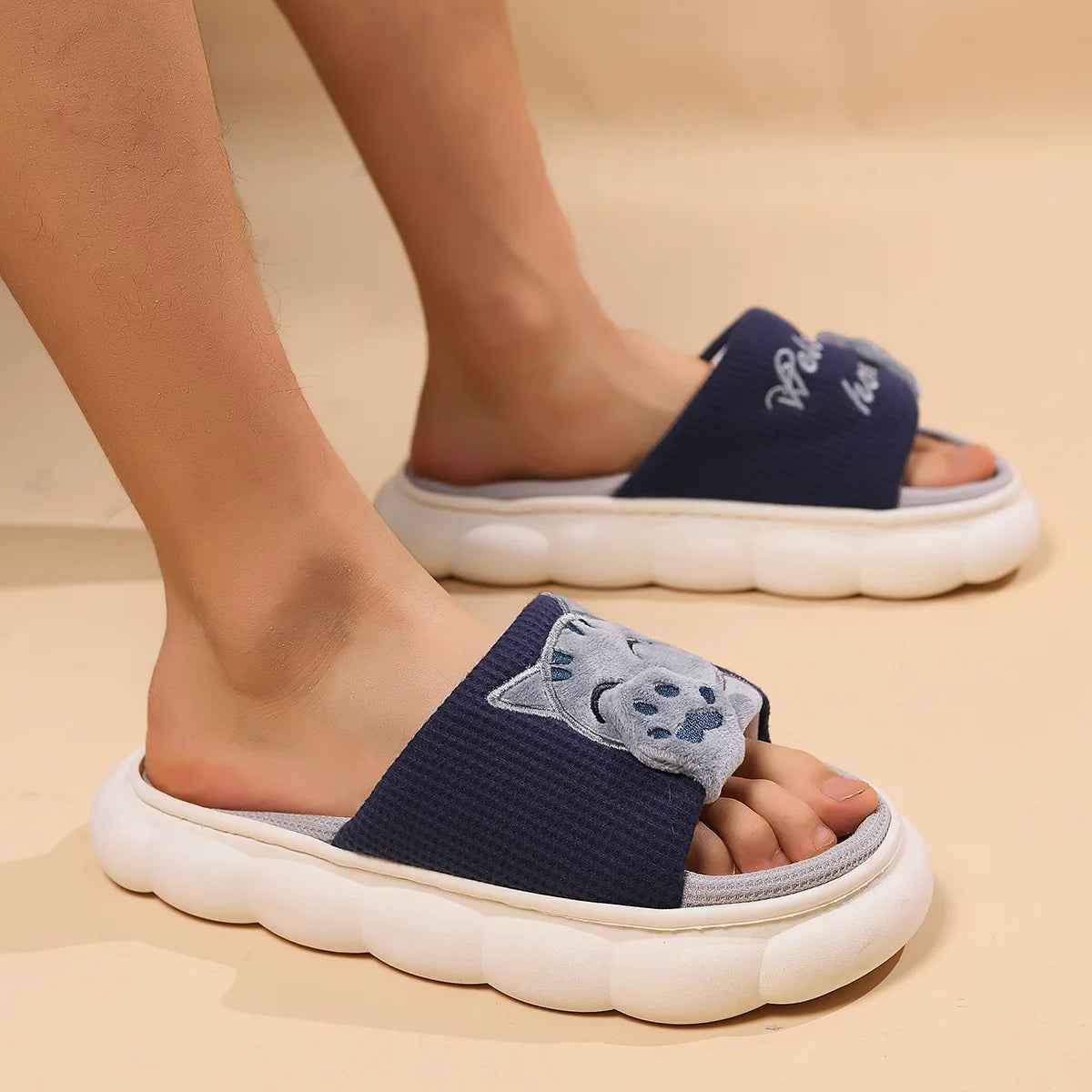 Chaussons Chat Mignon Femme — Pantoufles Plates Brodées Légères Été