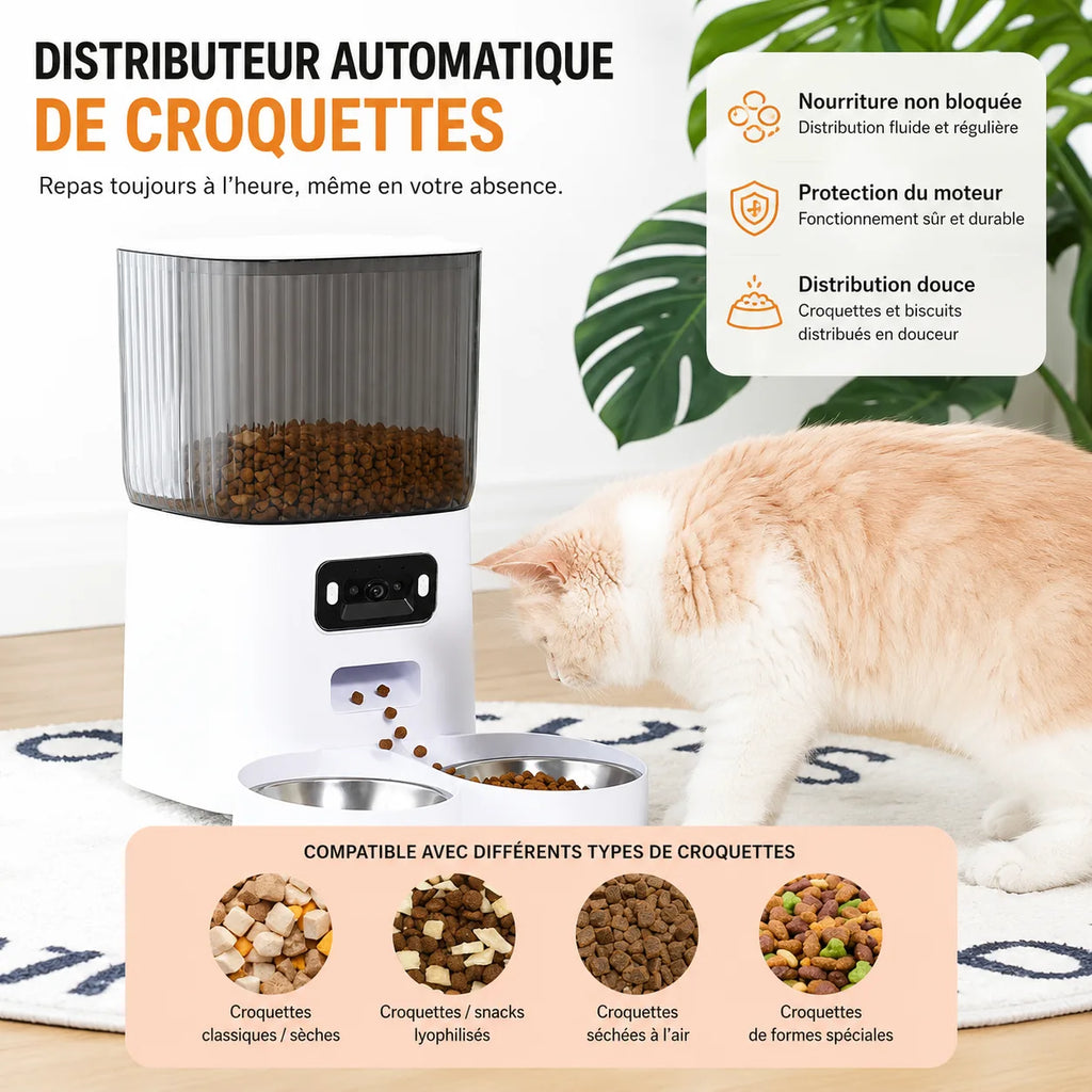 Distributeur automatique de croquettes avec caméra et double gamelle pour chat