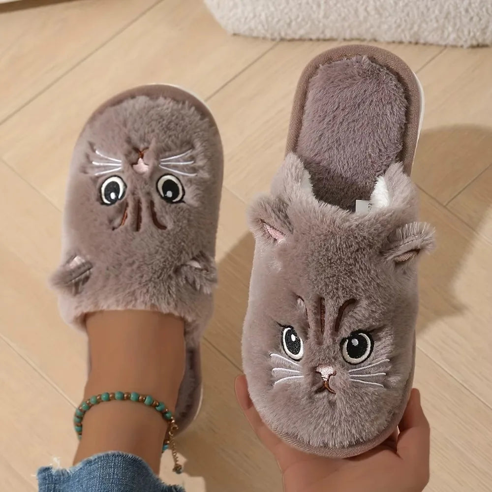 Chaussons Chat Peluche Femme - Pantoufles d'Hiver Chaudes Antidérapantes