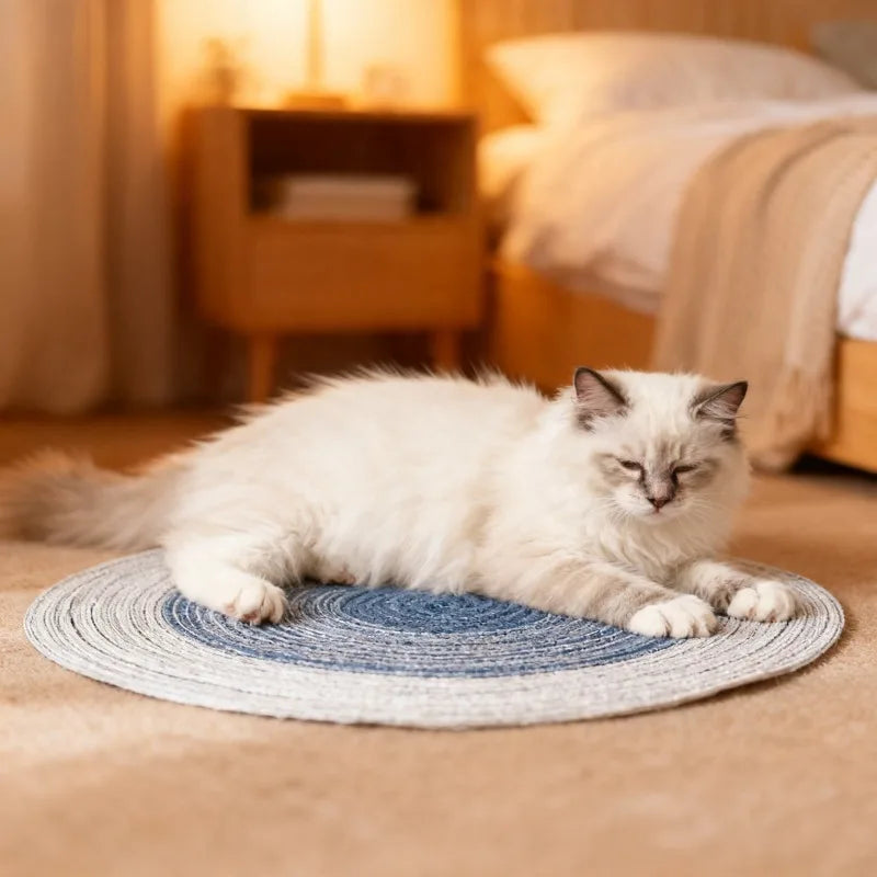 Tapis griffoir rond bleu et clair, avec chat couché dessus sur le canapé