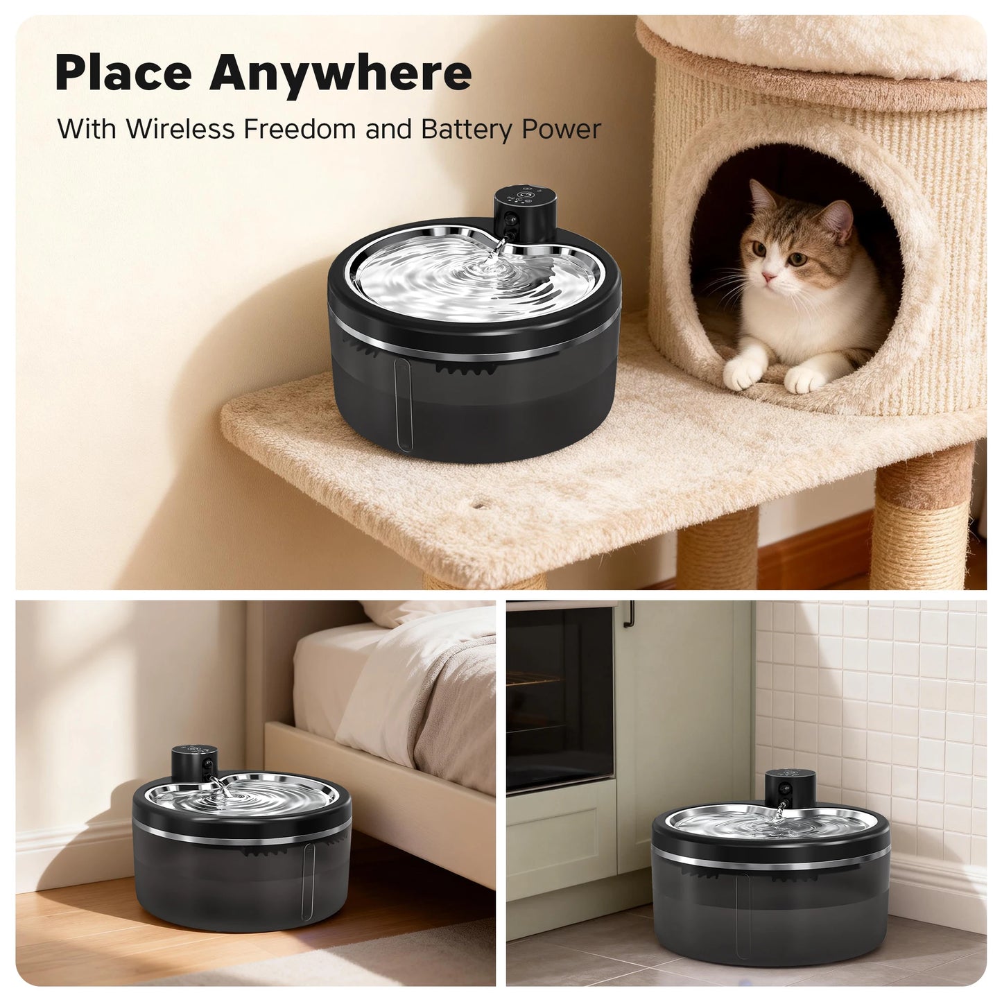 Fontaine à Eau Chat Sans Fil 3L – Inox, Capteur Intelligent & Batterie 4000mAh