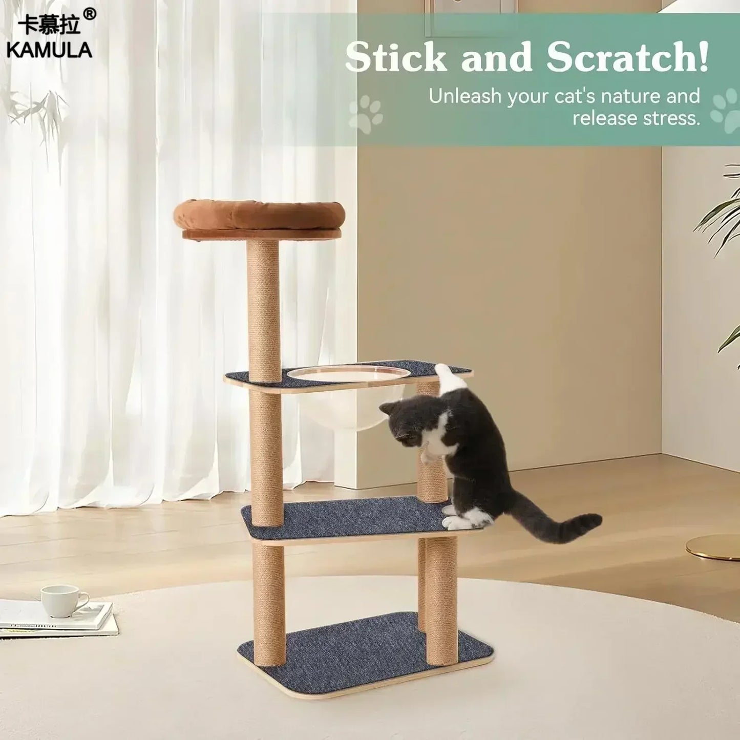 Tapis griffoir autocollant pour chat, gris foncé, posé sur une tour à chat
