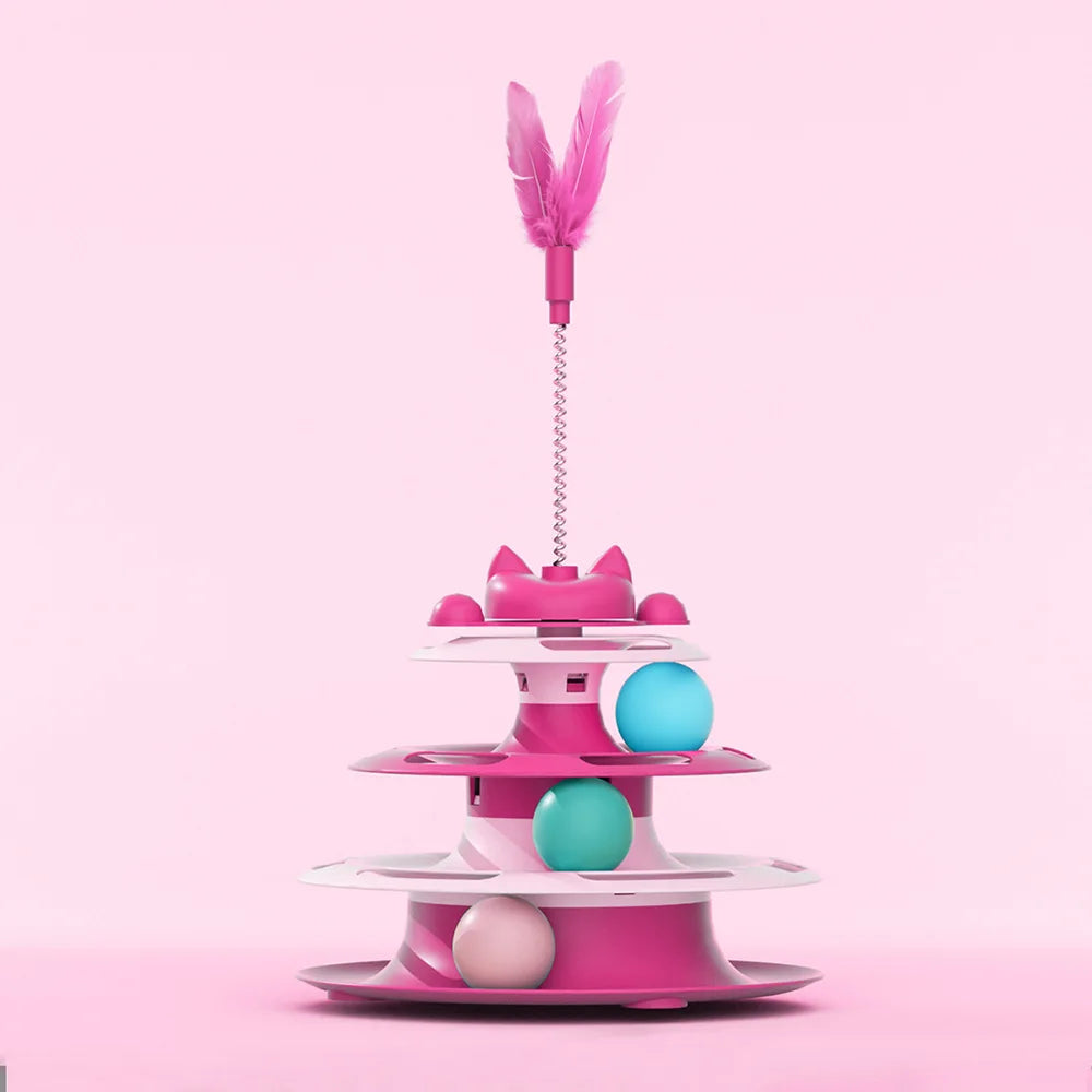 Tourniquet de jouet pour chat fuchsia, plume sur tige et balles bleu/vert