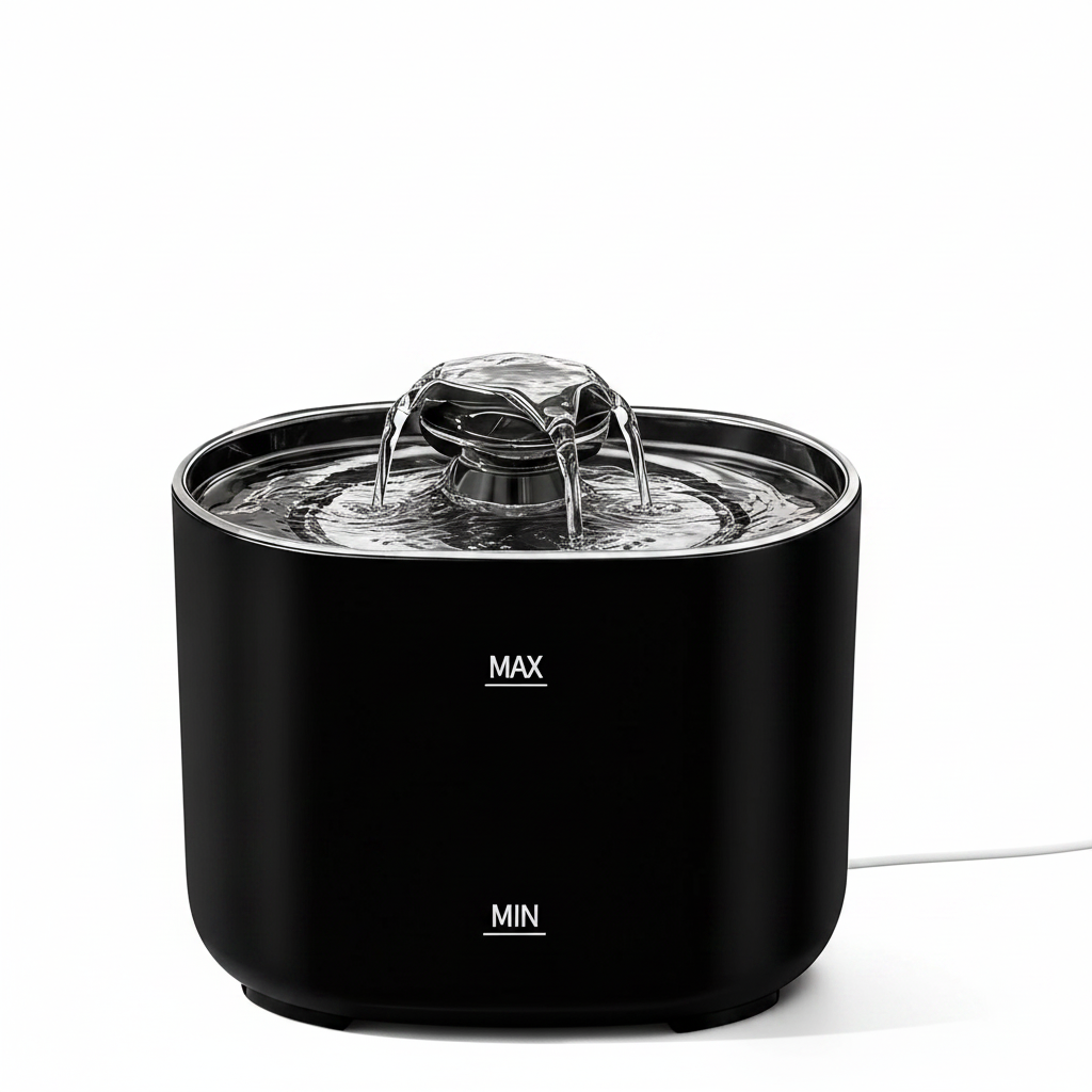 Fontaine à eau pour chat noire avec jet d’eau circulaire et repères MAX/MIN