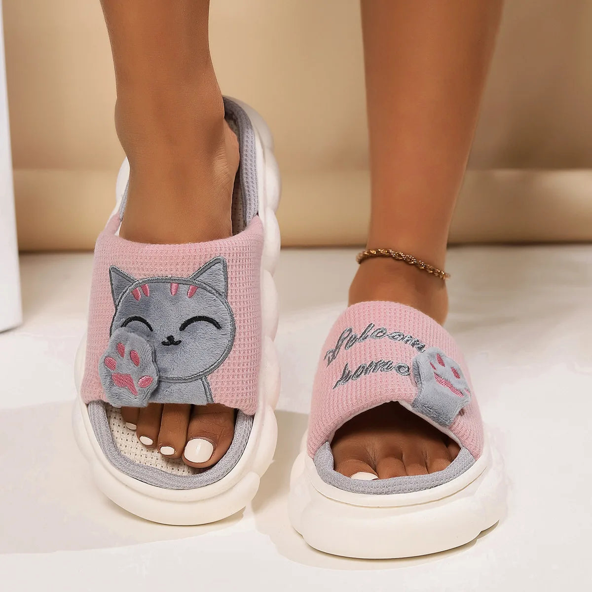 Chaussons Chat Mignon Femme — Pantoufles Plates Brodées Légères Été