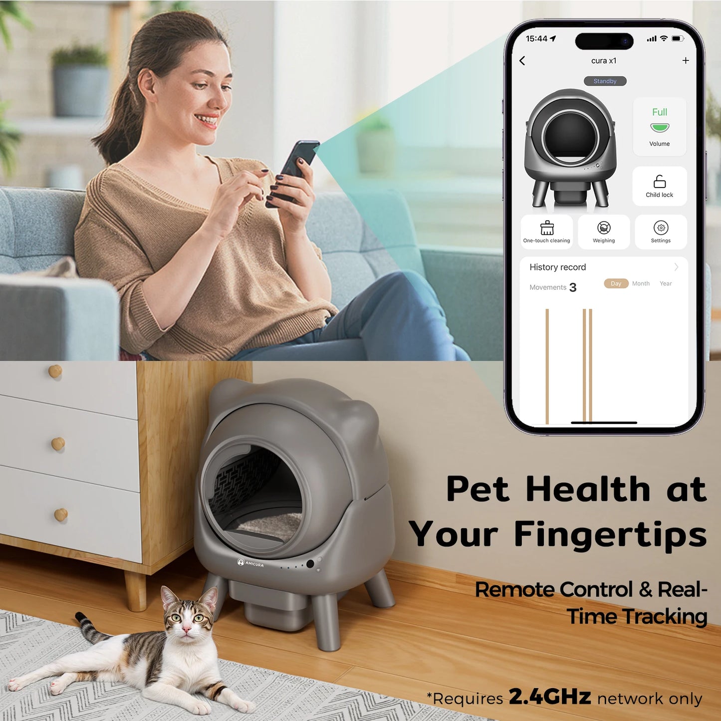 Litière Automatique Connectée Amicura Cura X1 – Autonettoyante avec Capteurs de Sécurité