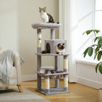 Arbre à chat gris à plusieurs niveaux, plateformes et cabane, tissu épais