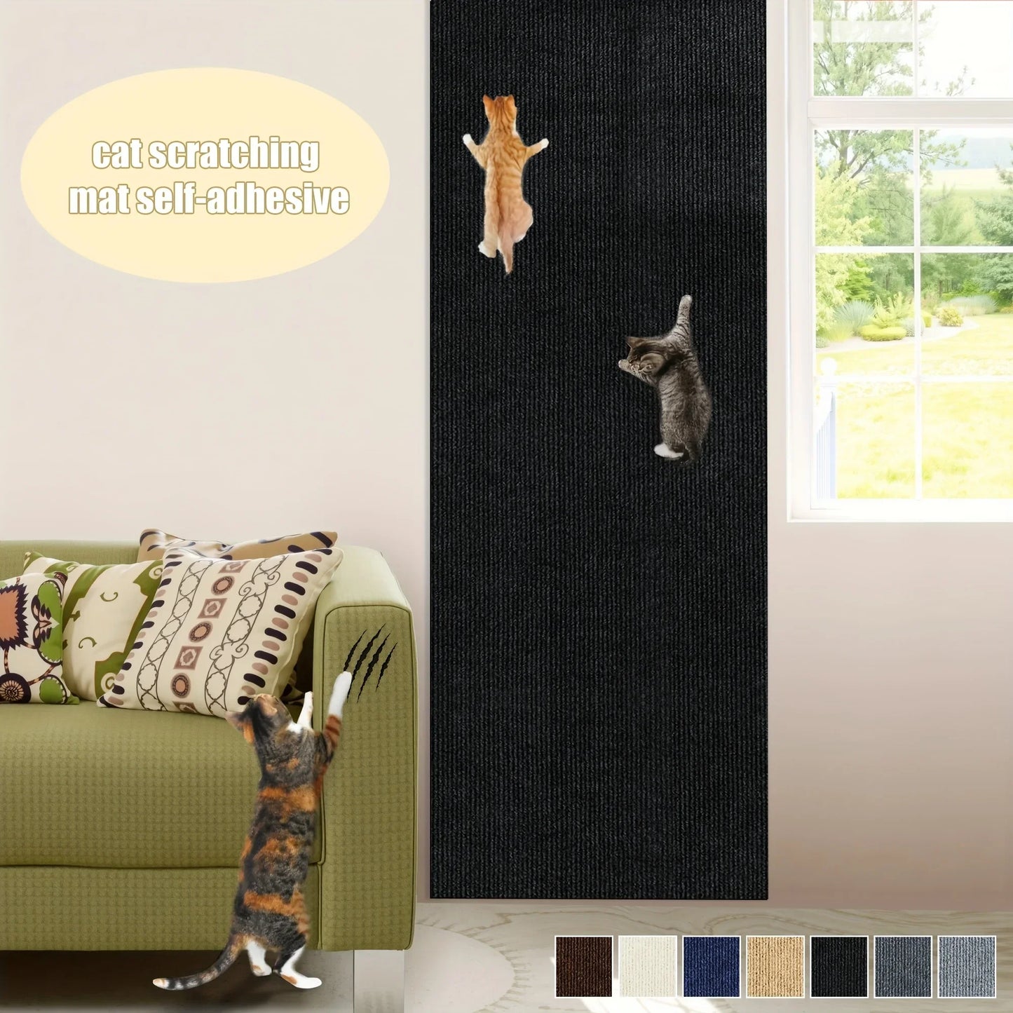 Tapis griffoir autocollant pour chat, noir, grand format pour mur