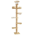 Arbre à chat plafond réglable avec poteau en corde beige et plateformes rondes.