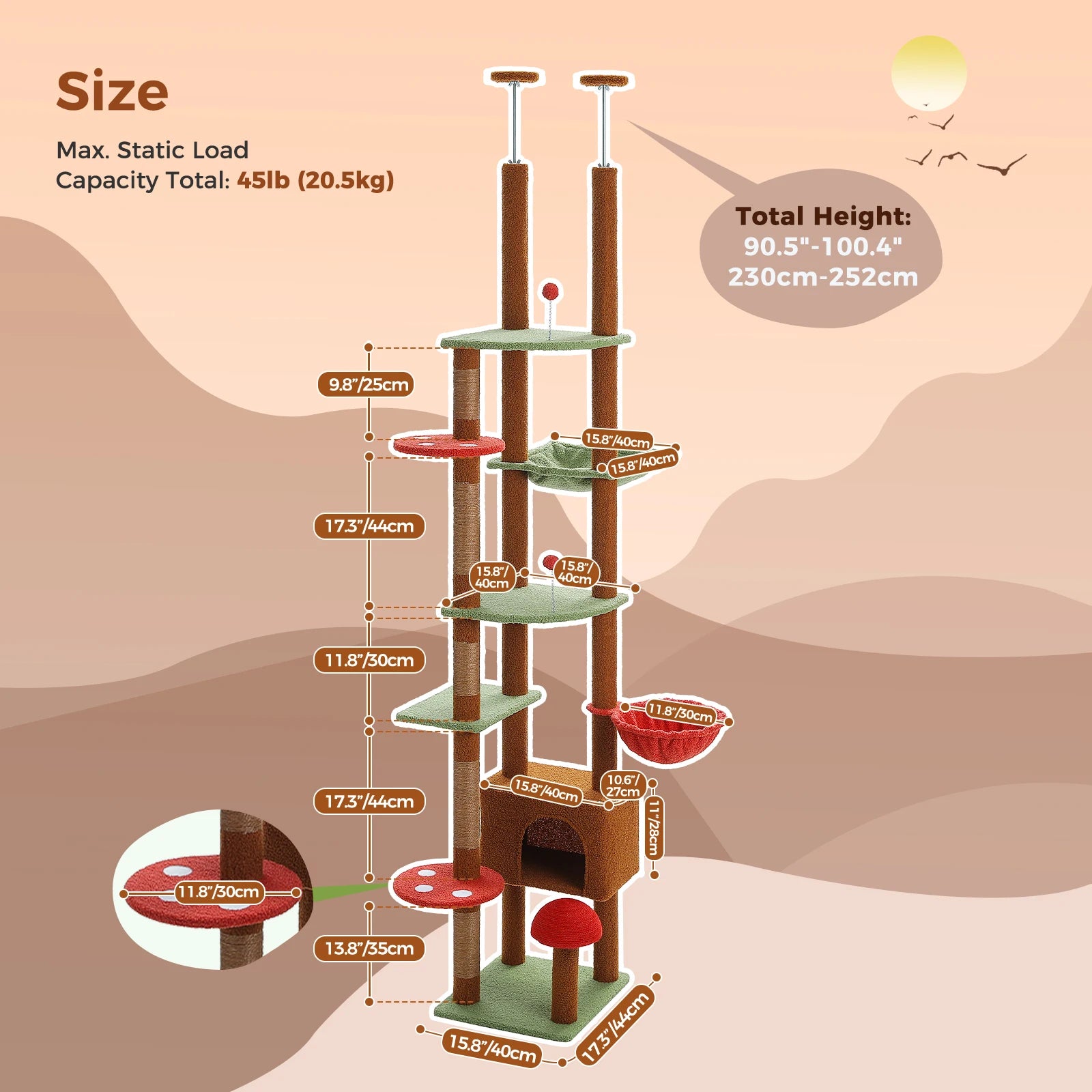 Arbre à chat sol au plafond hauteur réglable avec hamac et griffoirs sisal – Cat Luna et dimensions en marron