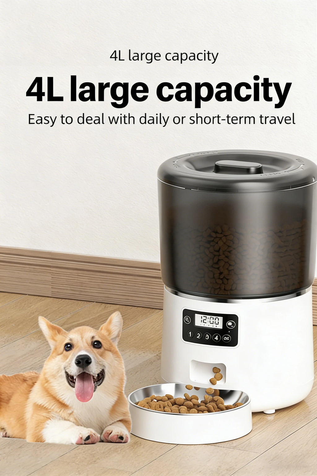 Distributeur automatique de croquettes 4L blanc et gris, grande capacité et gamelle