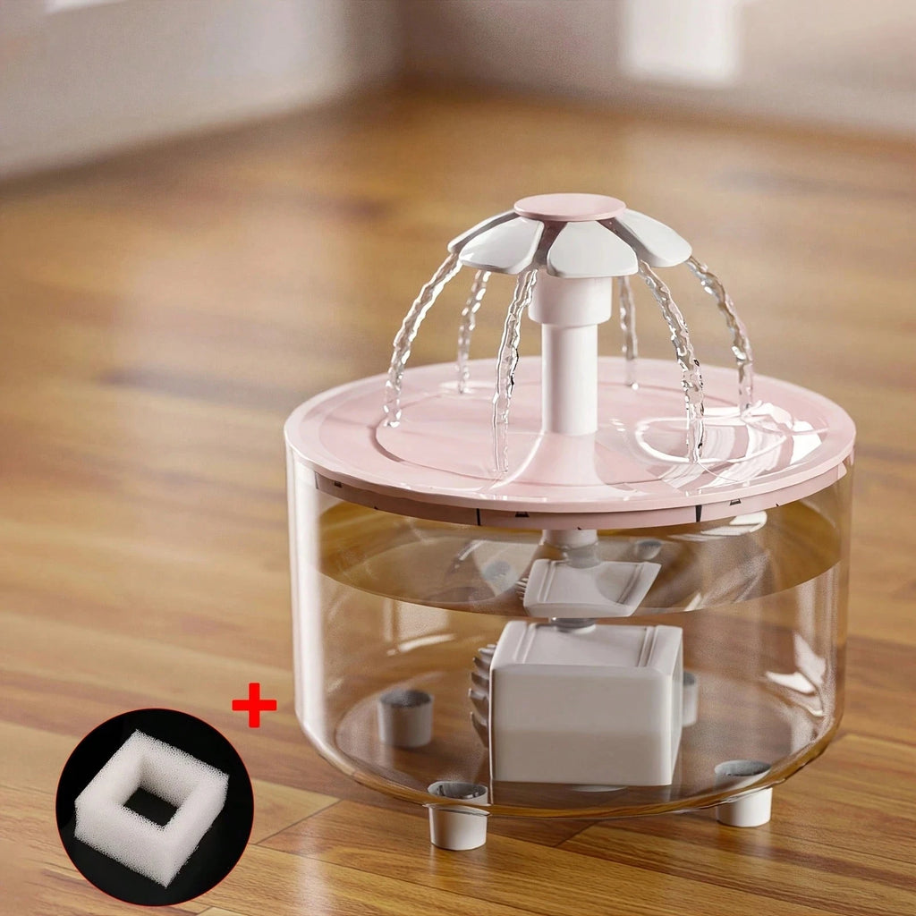 Fontaine à eau automatique pour chat rose, capot ouvert et circuit de filtration visible