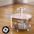 Fontaine à eau automatique pour chat rose, capot ouvert et circuit de filtration visible