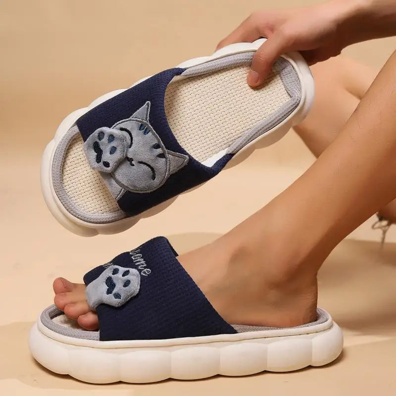 Chaussons Chat Mignon Femme — Pantoufles Plates Brodées Légères Été