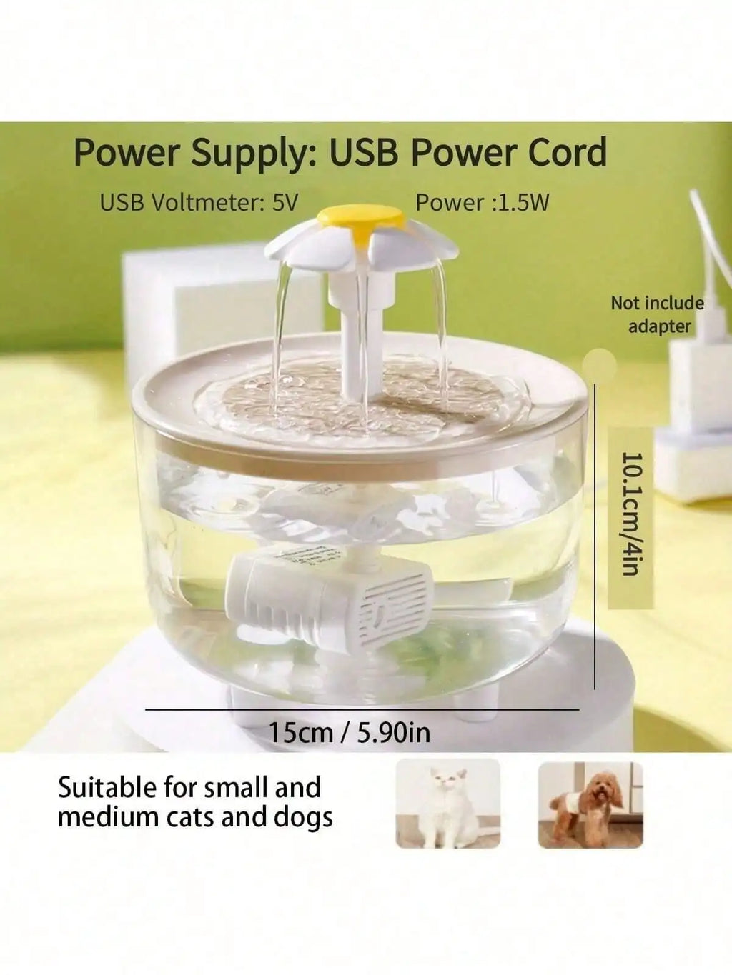 Fontaine à eau USB pour animaux, petit format, couvercle jaune et colonne blanche
