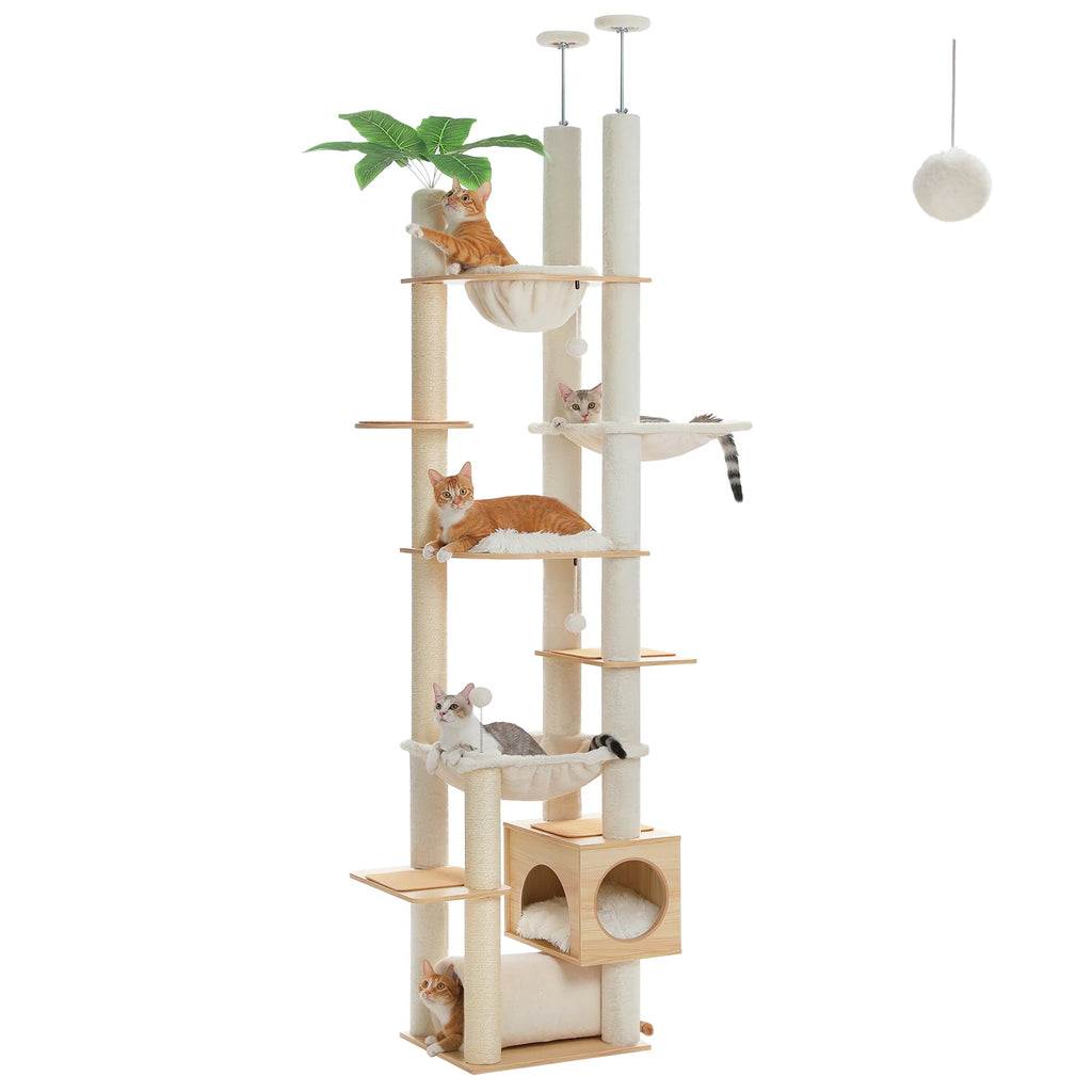 Arbre à chat beige avec poteaux à griffer en sisal, plateformes, hamac et boule suspendue