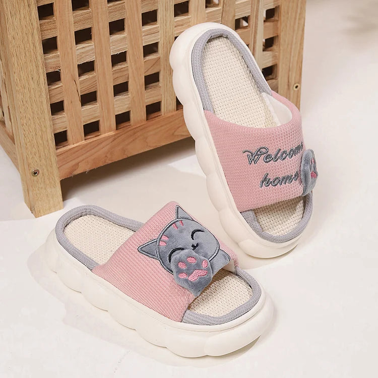 Chaussons Chat Mignon Femme — Pantoufles Plates Brodées Légères Été