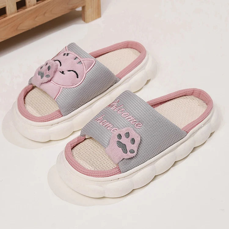 Chaussons Chat Mignon Femme — Pantoufles Plates Brodées Légères Été